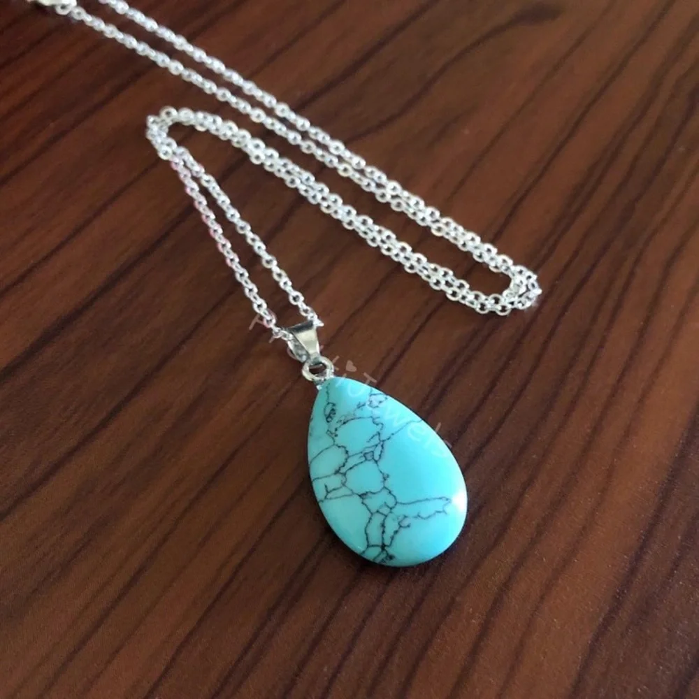 New Handmade 925 Sterling Silver Natural Turquoise Water Drop Necklace